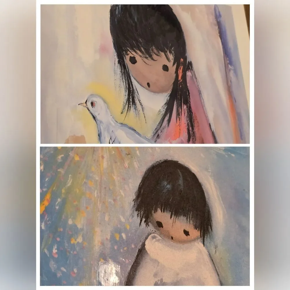Vintage De Grazia Set of 2 Laminated  Plaques Prints The White Dove and Blue Boy